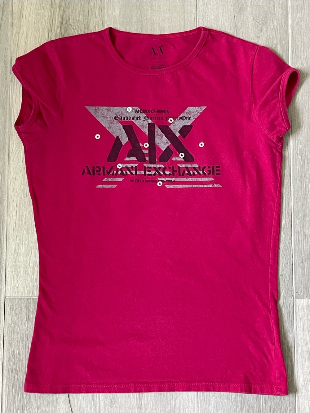 Armani Exchange AX Pink Logo Graphic Tee Rhinestone Accent Women’s Medium - Picture 2 of 9